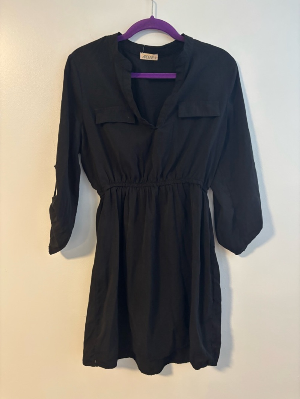 Solid Black 3/4 Long sleeve pocket dress drawstring waist Ardene Size Large